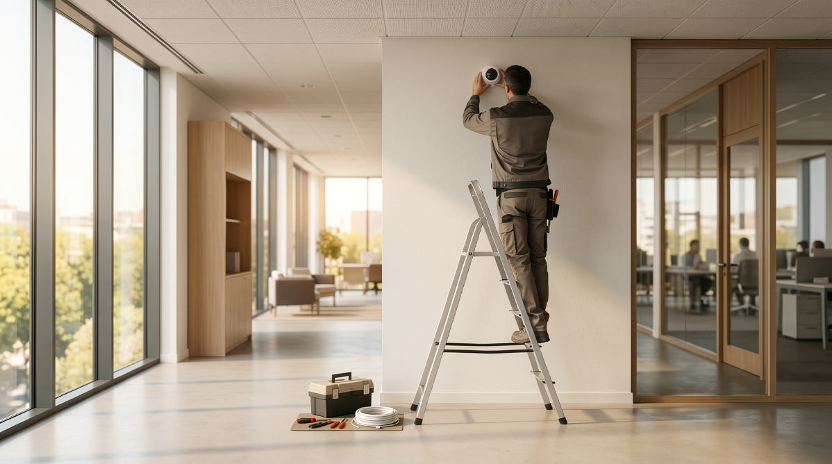 Інженер ІТЕЗ монтує IP-камеру з резервним живленням на корпоративному об'єкті