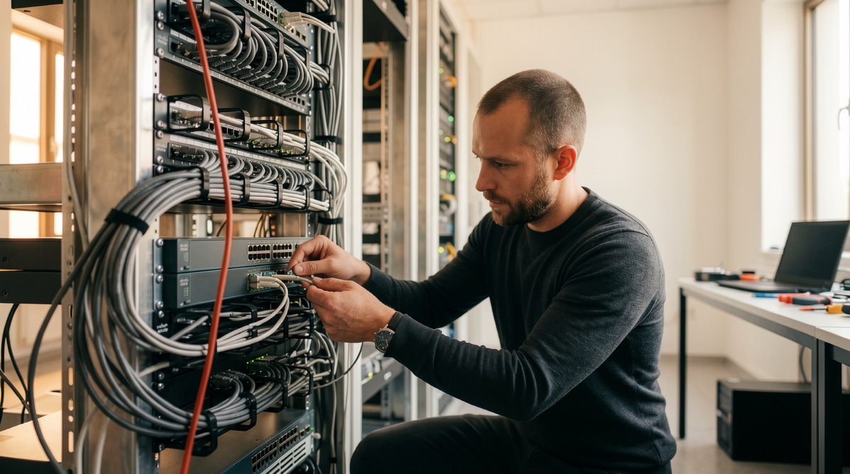 Інженер монтує мережеве обладнання в серверній стійці