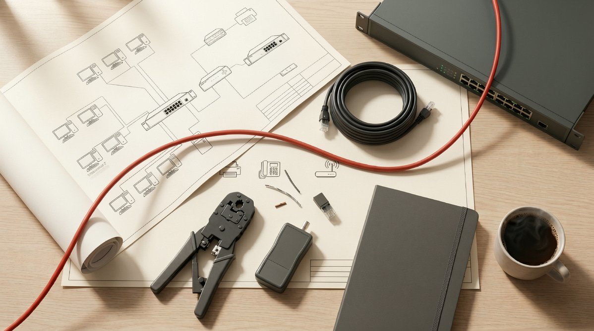 Схема мережі, комутатор, патч-корд та інструмент для обтиску RJ-45 на робочому столі